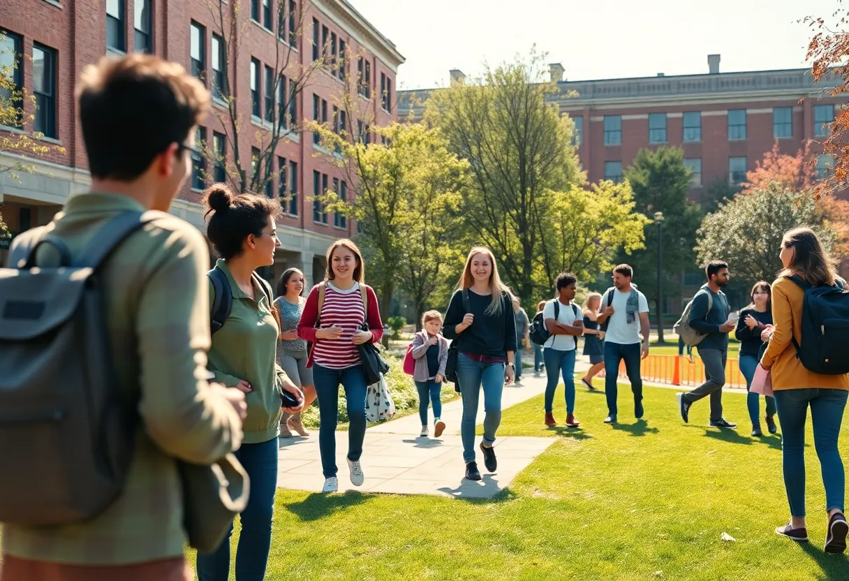 A diverse group of students on a college campus in Boston enjoying outdoor activities.