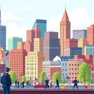 Illustration of Boston cityscape with themes of immigration and law enforcement