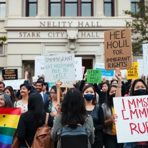 Protesters at Boston City Hall advocating for immigrant rights