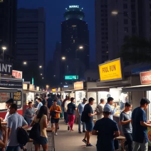 A food truck serving late-night meals in Boston with people gathered around.