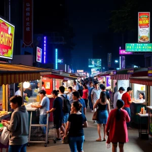 Food trucks in Boston during nighttime with people dining.