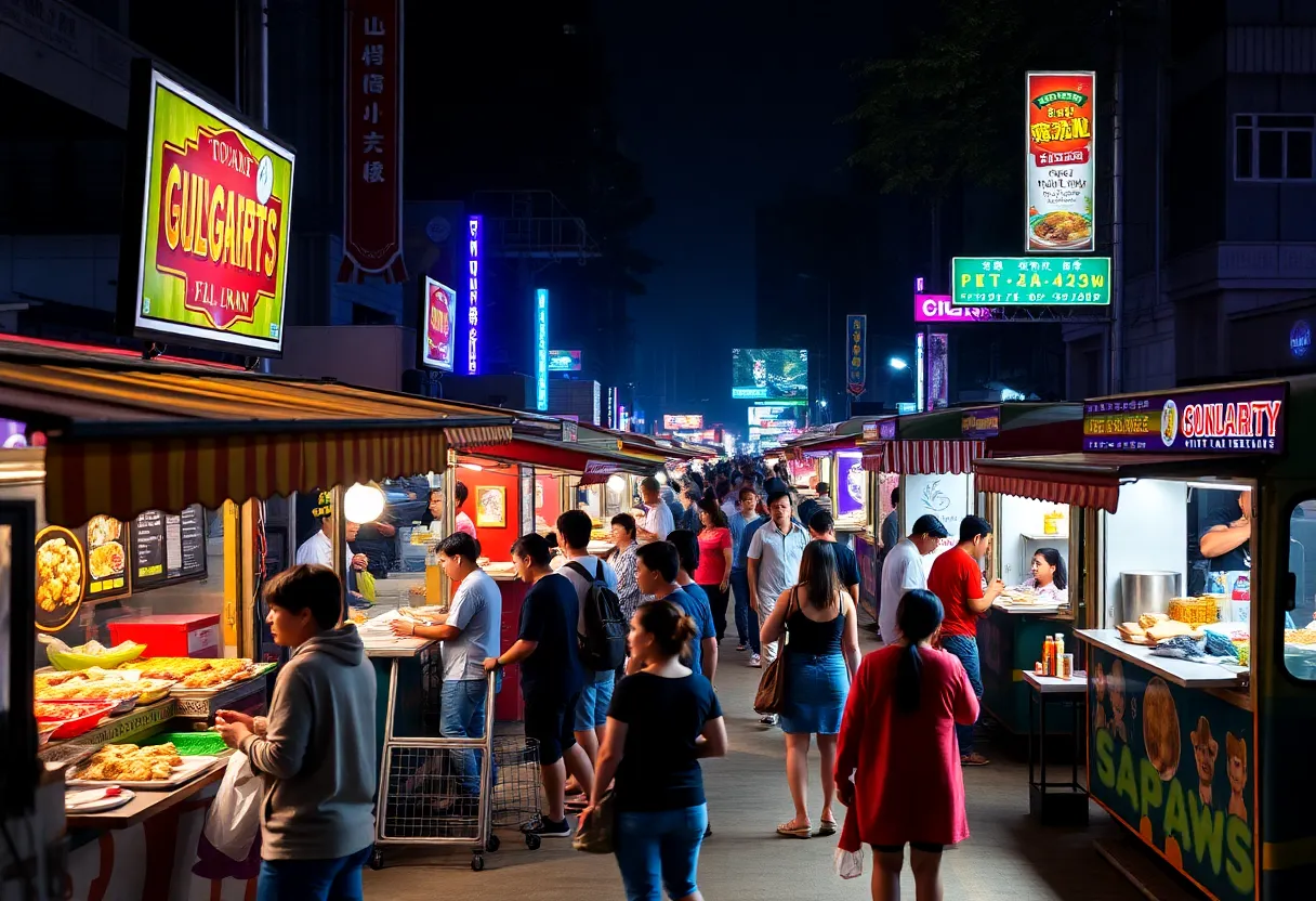 Food trucks in Boston during nighttime with people dining.