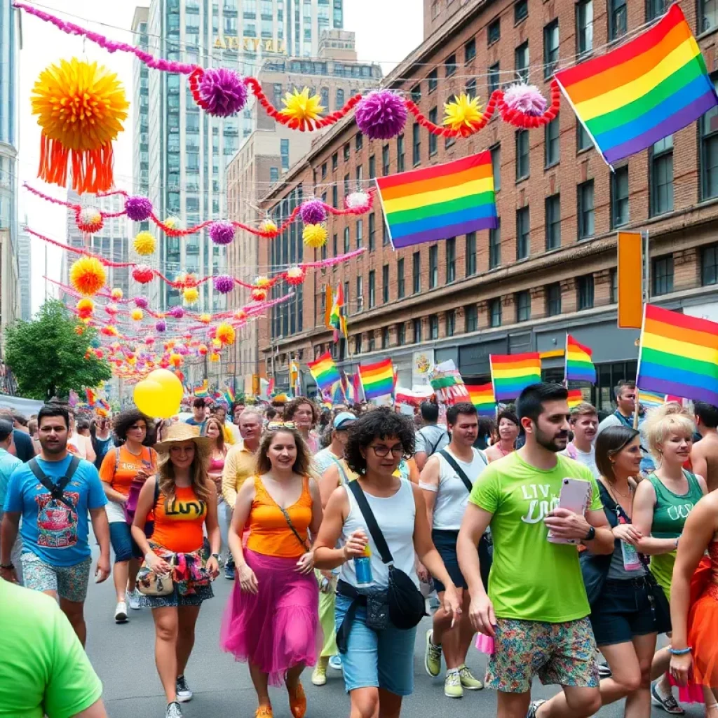 A lively scene from Boston LGBTQ+ Pride celebration showcasing participants in colorful outfits.