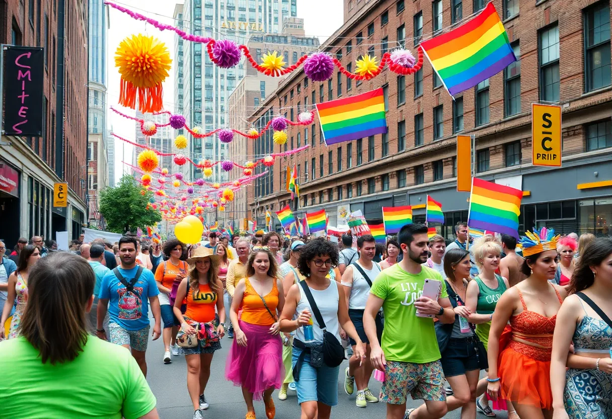 A lively scene from Boston LGBTQ+ Pride celebration showcasing participants in colorful outfits.