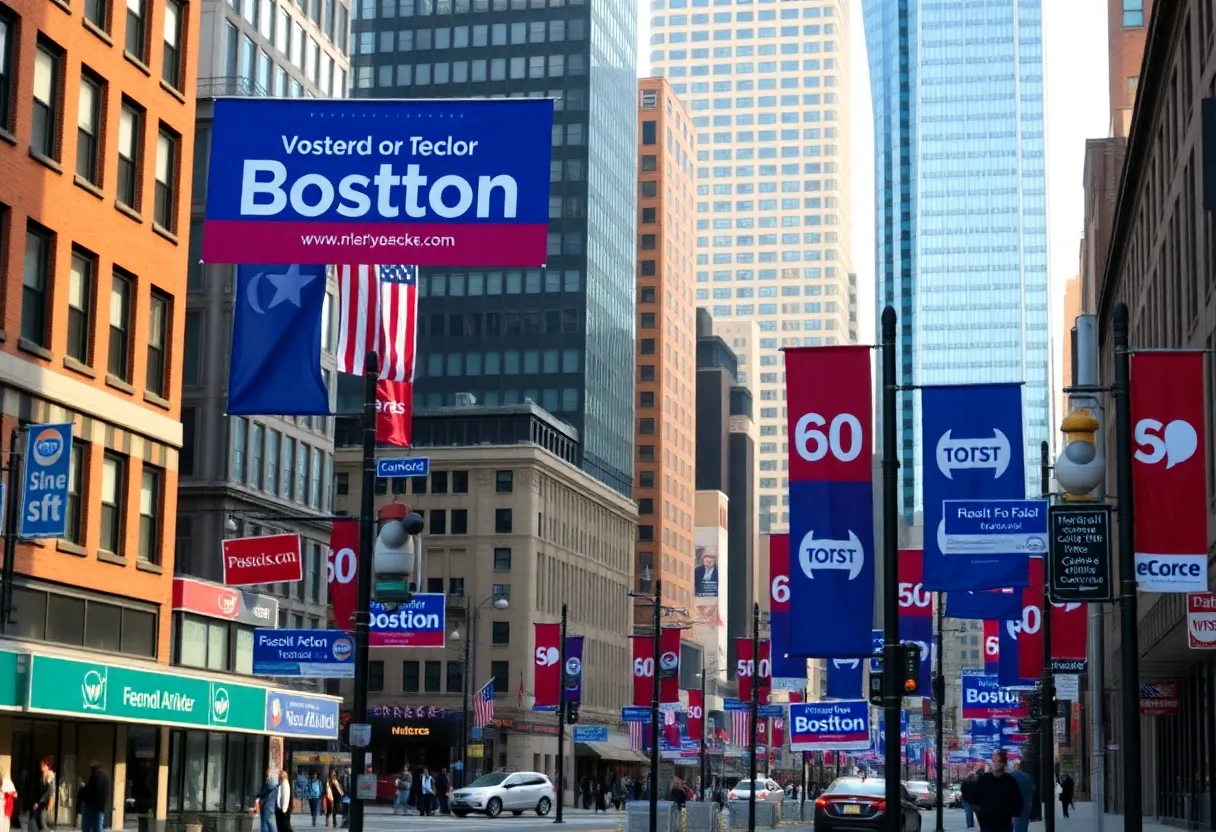 Boston cityscape featuring political campaign signs