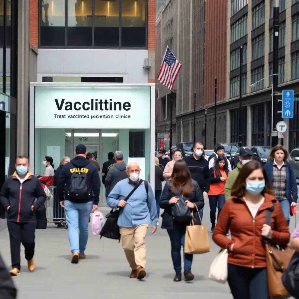 Crowd gathering in Boston city street with vaccination clinic in the background