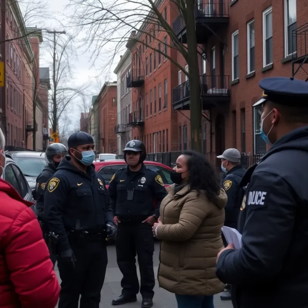 Boston neighborhood with police presence and community discussions on safety