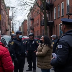 Boston neighborhood with police presence and community discussions on safety