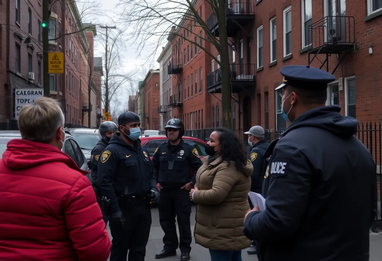 Boston neighborhood with police presence and community discussions on safety