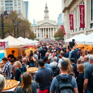Crowd enjoying the Boston Pizza Festival at City Hall Plaza