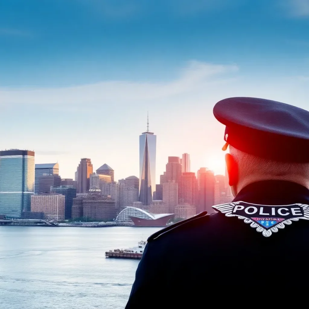 Cityscape of Boston featuring police uniforms and badges