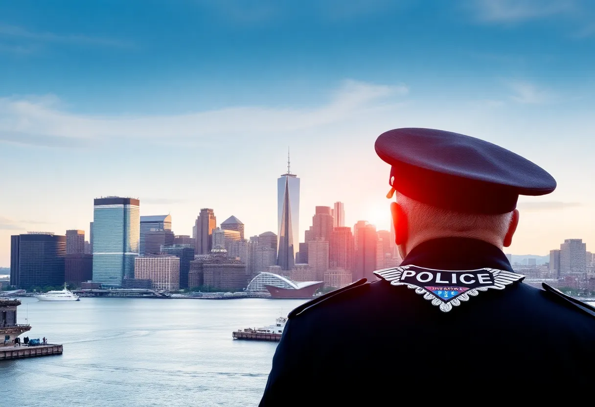 Cityscape of Boston featuring police uniforms and badges