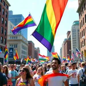 A lively Pride Month celebration in Boston with diverse participants and colorful decorations.
