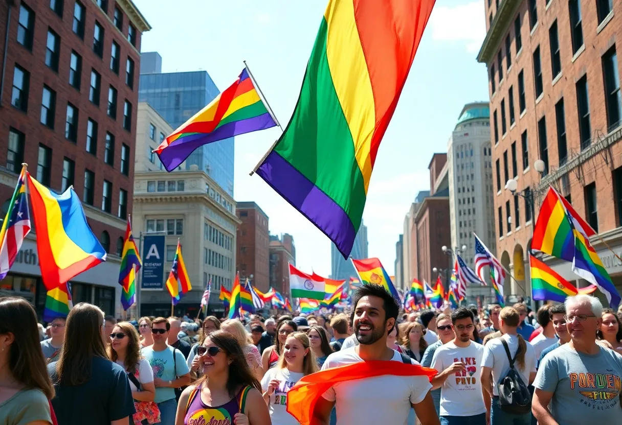 A lively Pride Month celebration in Boston with diverse participants and colorful decorations.