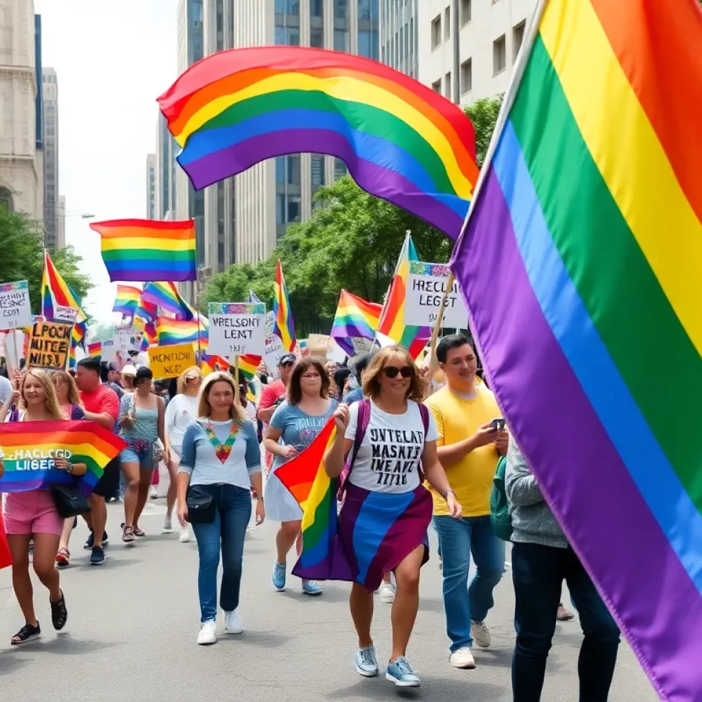 Participants celebrating at Boston Pride Parade with flags and signs.