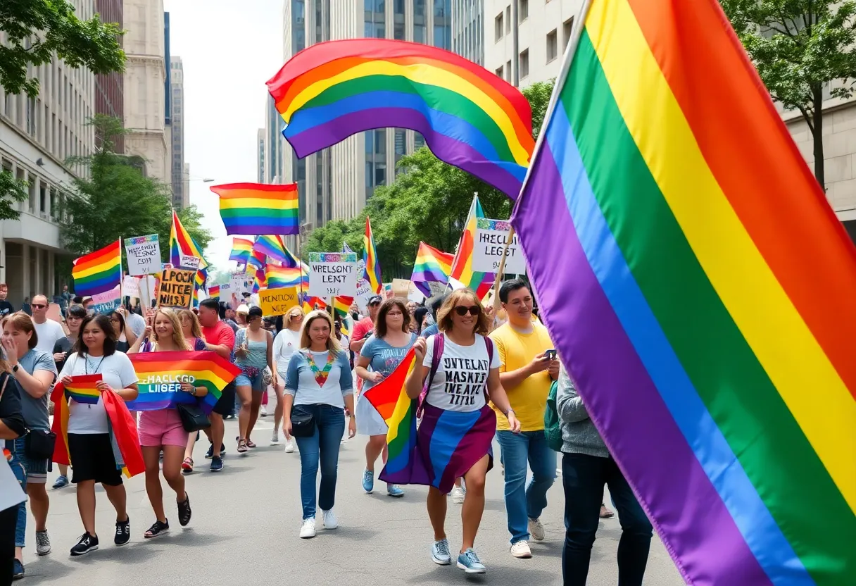 Participants celebrating at Boston Pride Parade with flags and signs.