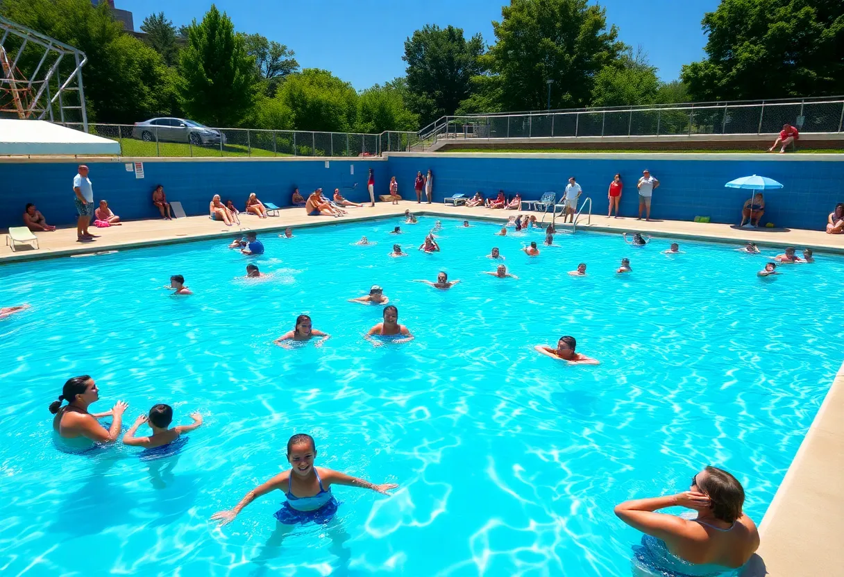 Families enjoying a public pool in Boston during a summer heatwave.