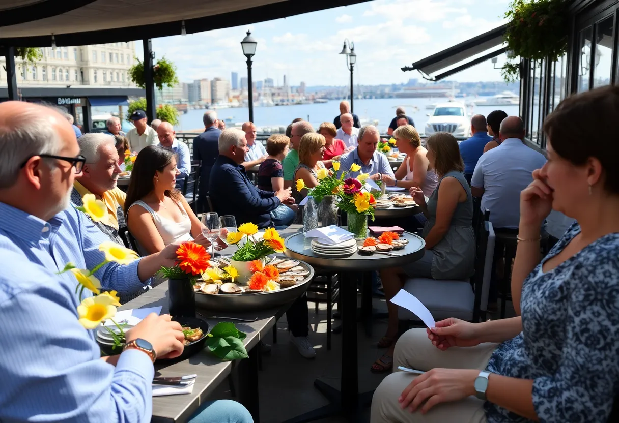 Patrons enjoying $1 oysters at a Boston restaurant during summer