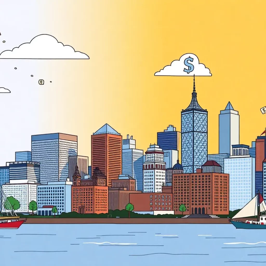 Boston skyline with elements representing financial struggles for retirees