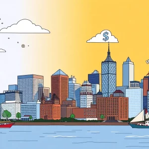 Boston skyline with elements representing financial struggles for retirees