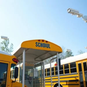 School buses parked safely with enforcement cameras visible to promote safety.