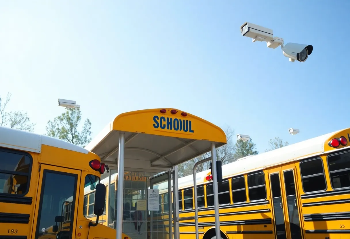 School buses parked safely with enforcement cameras visible to promote safety.