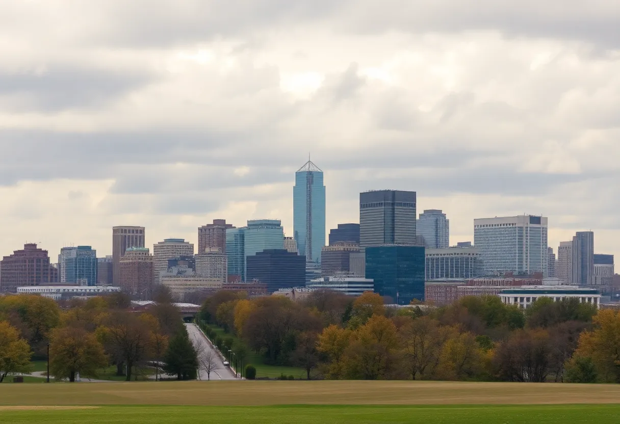 Cloudy skies over Boston with scattered showers