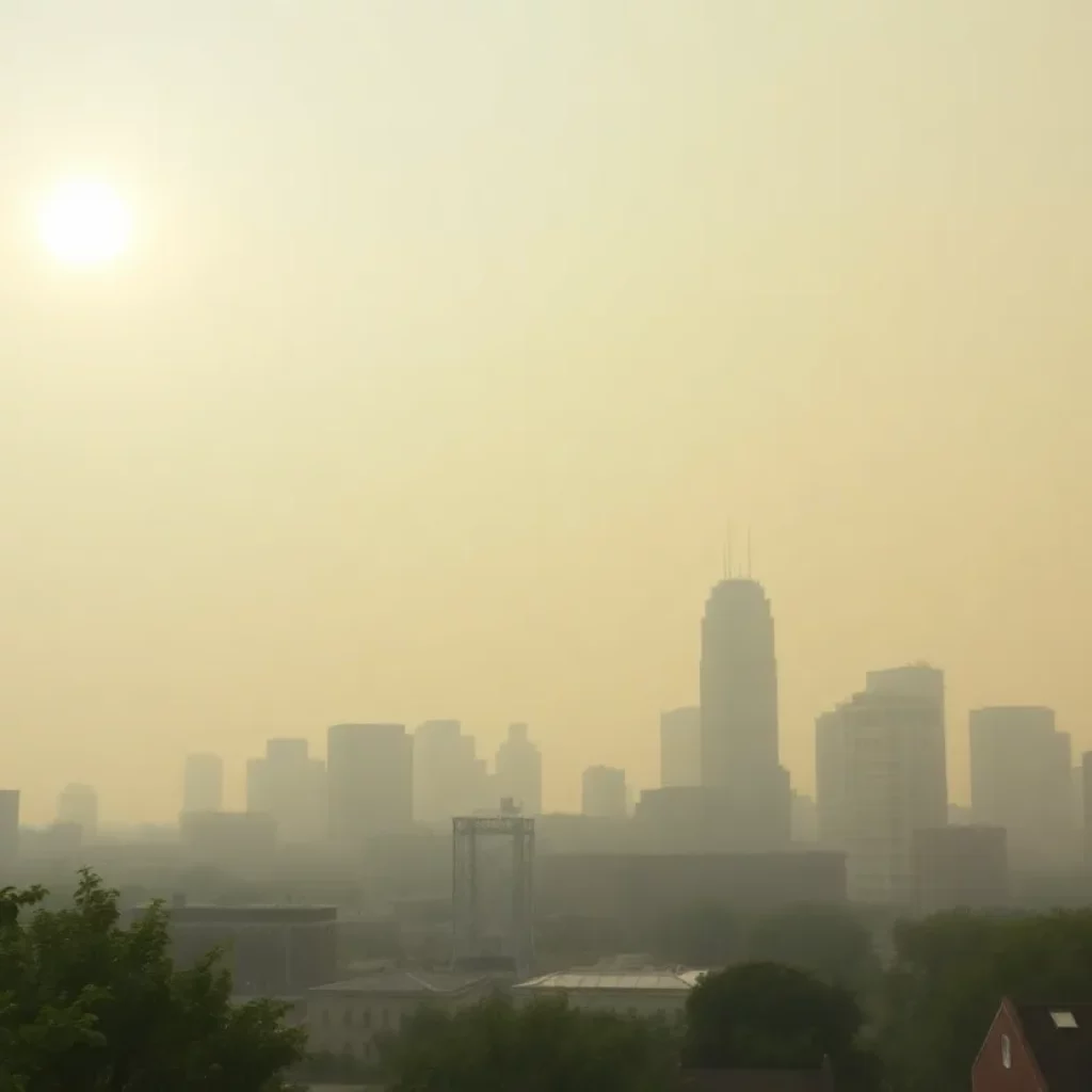 A view of the Boston skyline shrouded in haze from wildfire smoke
