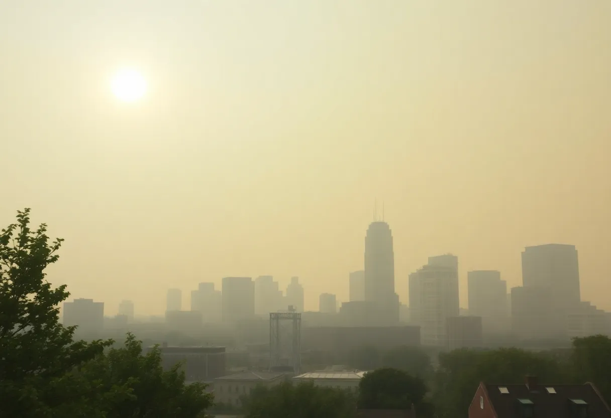 A view of the Boston skyline shrouded in haze from wildfire smoke