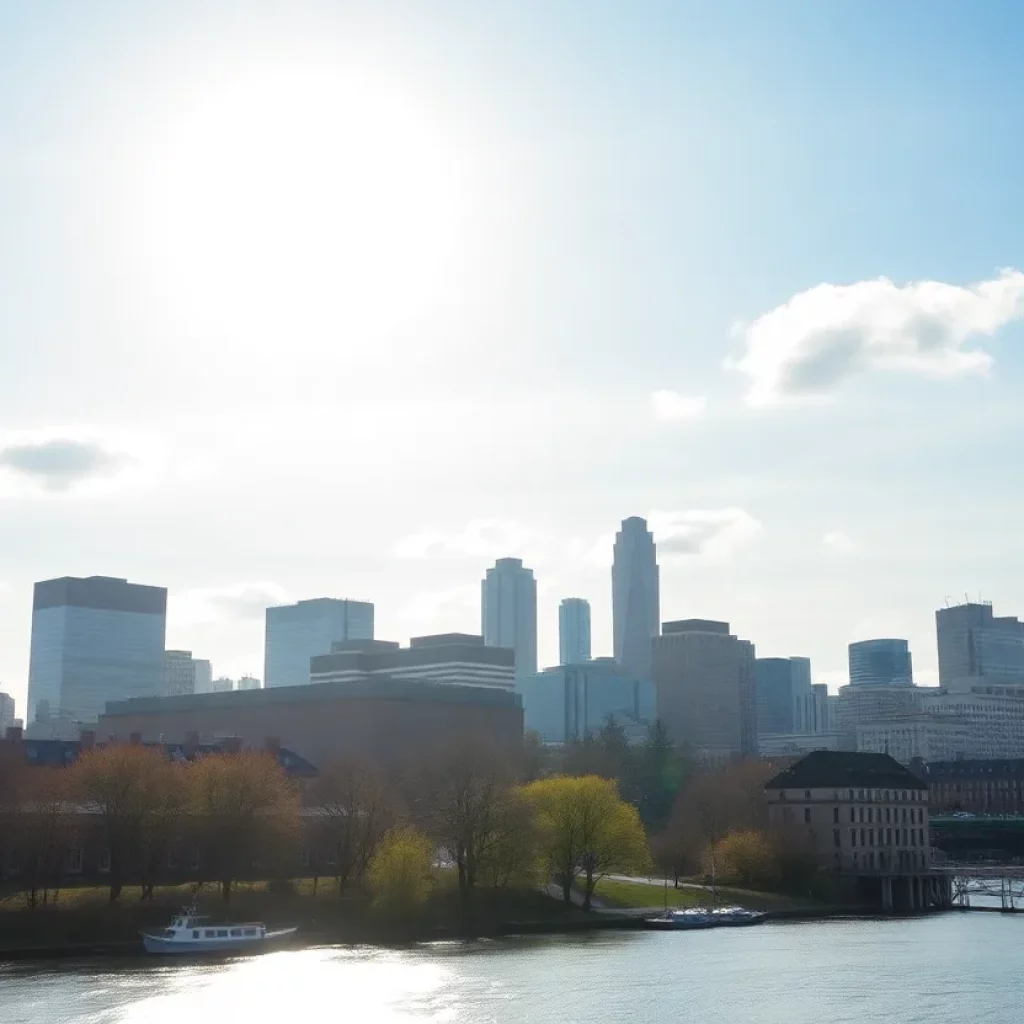 Boston skyline with a clear sky and Charles River