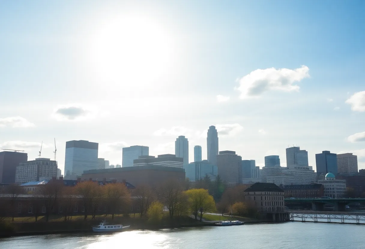 Boston skyline with a clear sky and Charles River