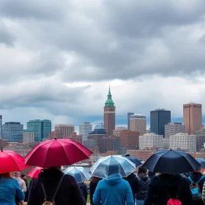 View of Boston skyline with clouds indicating impending rain.