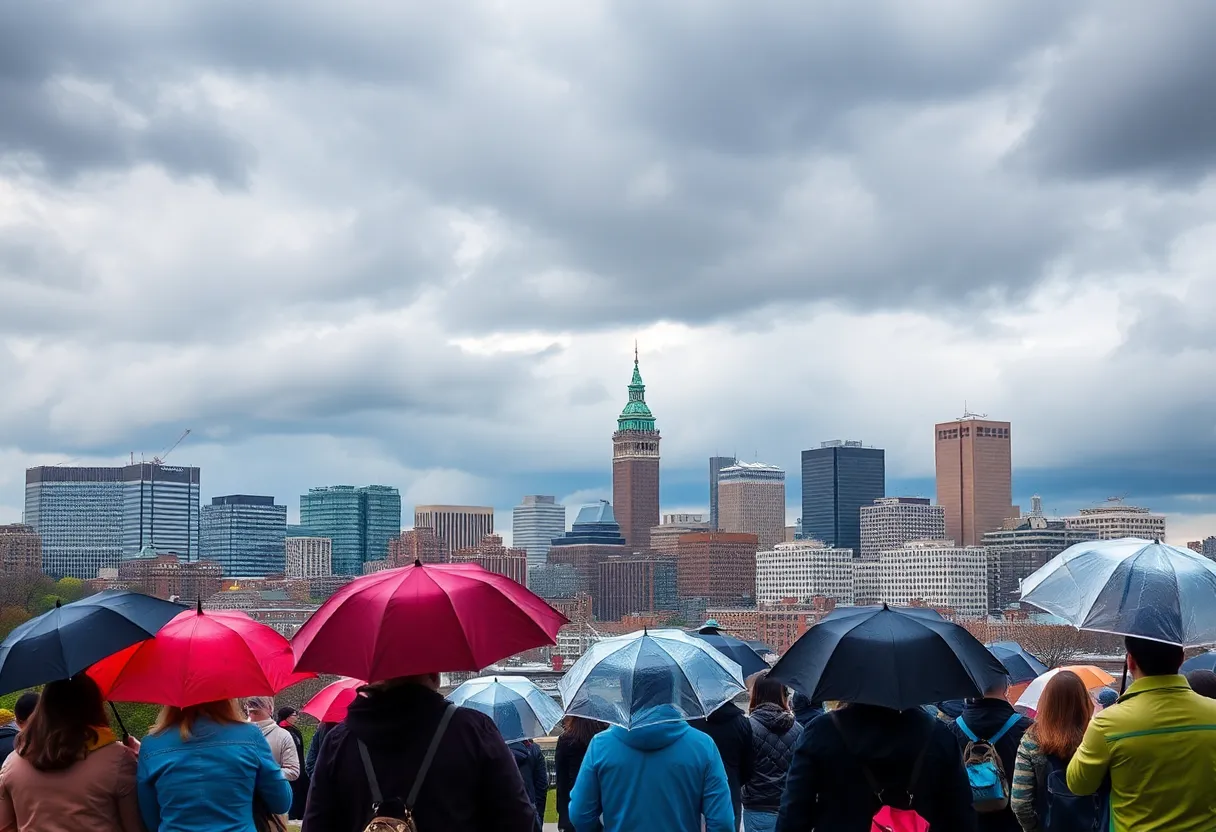 View of Boston skyline with clouds indicating impending rain.