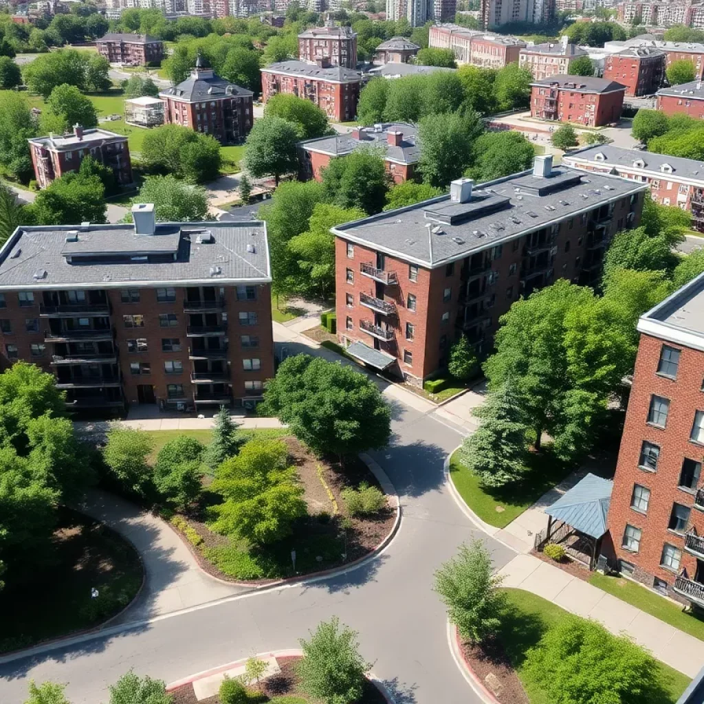View of suburban Boston with new rental apartments and greenery