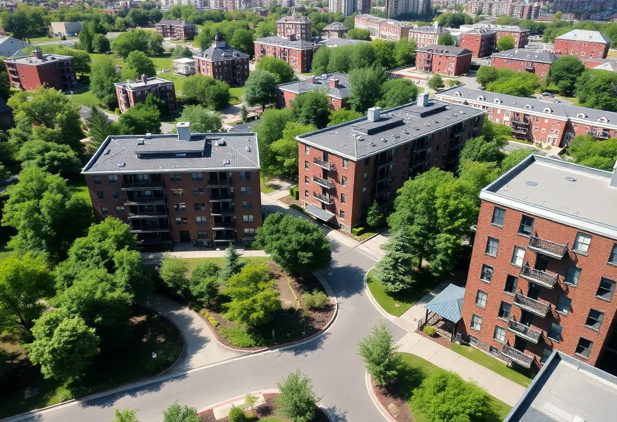 View of suburban Boston with new rental apartments and greenery