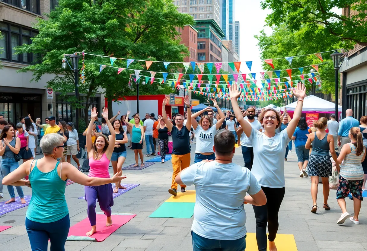 People enjoying summer events in Boston, including yoga and dancing.