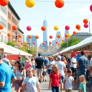 Families enjoying a summer festival in Boston with live music and food stalls.