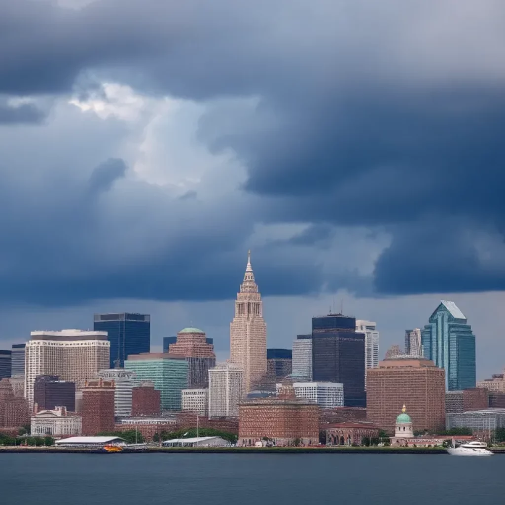 Boston skyline under a summer heatwave with storm clouds approaching