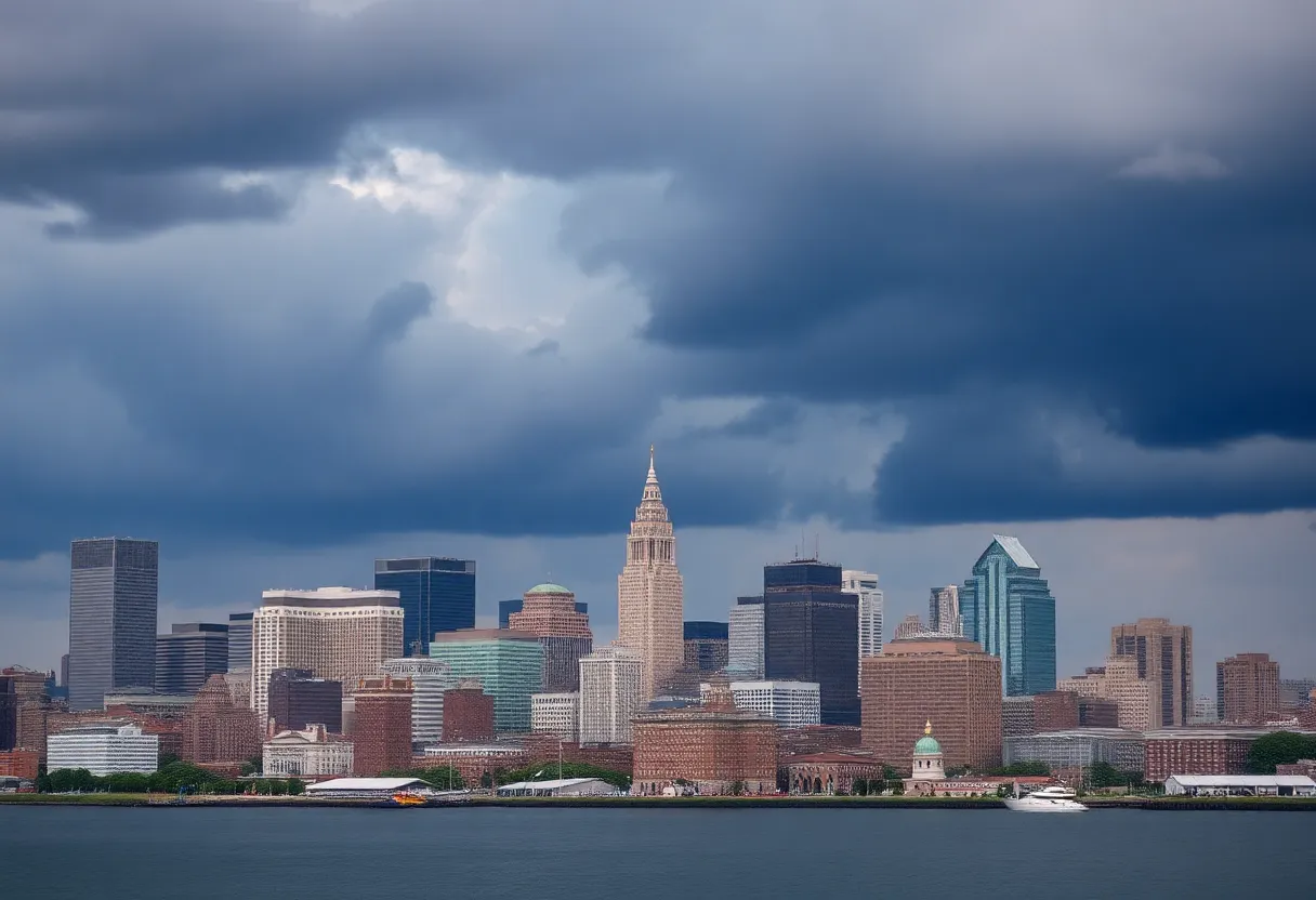 Boston skyline under a summer heatwave with storm clouds approaching