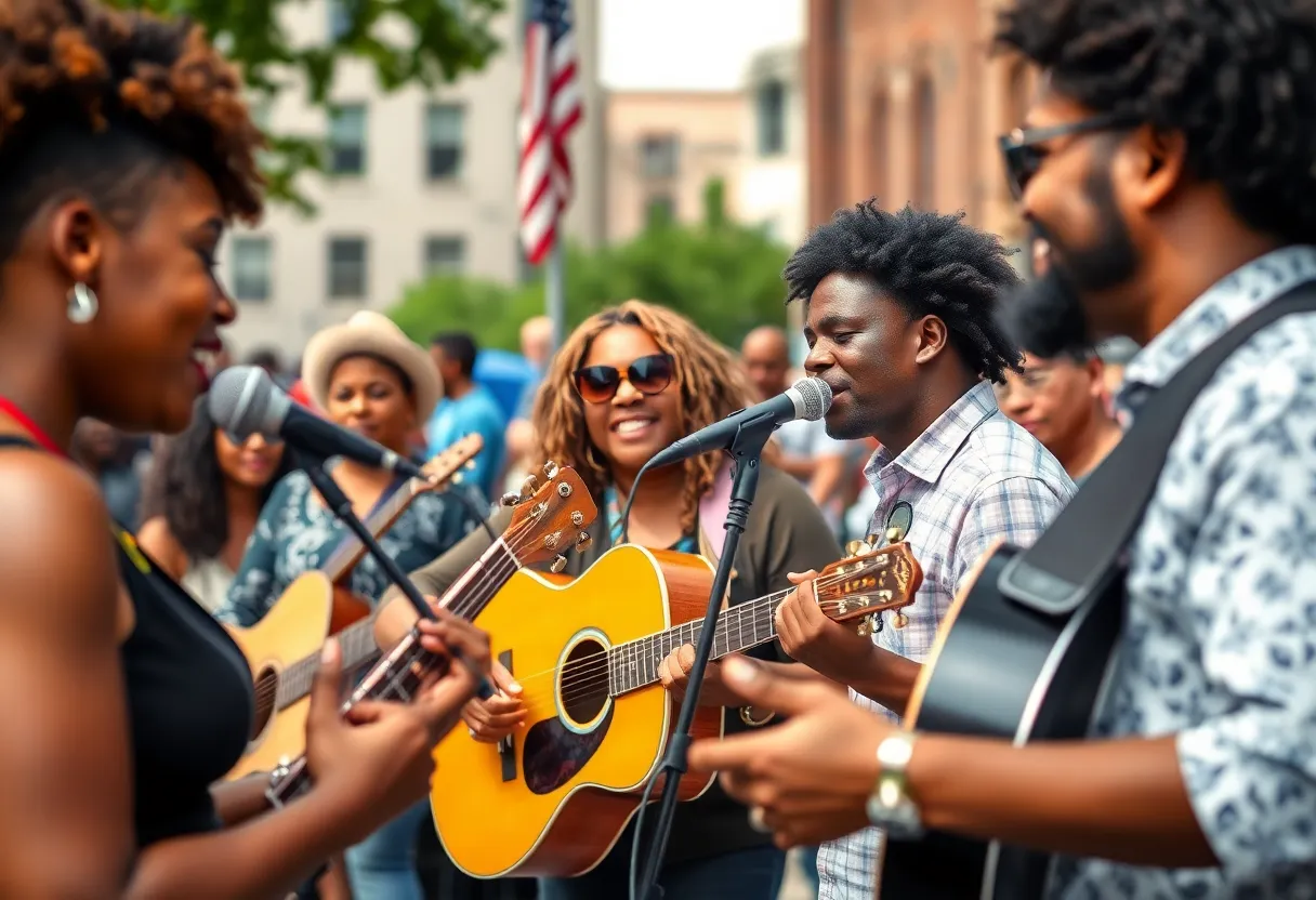 Diverse musicians performing at a summer festival in Boston