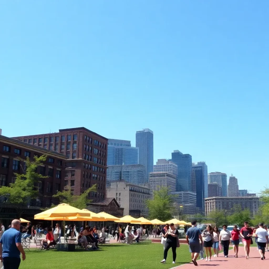 Clear skies over Boston with people enjoying the warm weather