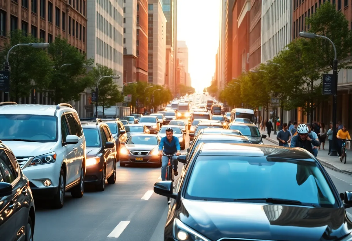 Busy Boston city street with heavy traffic and pedestrians