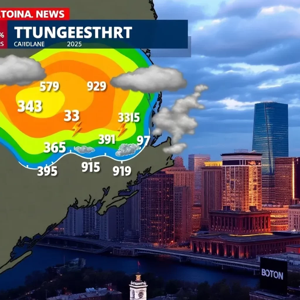 Weather forecast map for Boston indicating temperature rise and thunderstorms