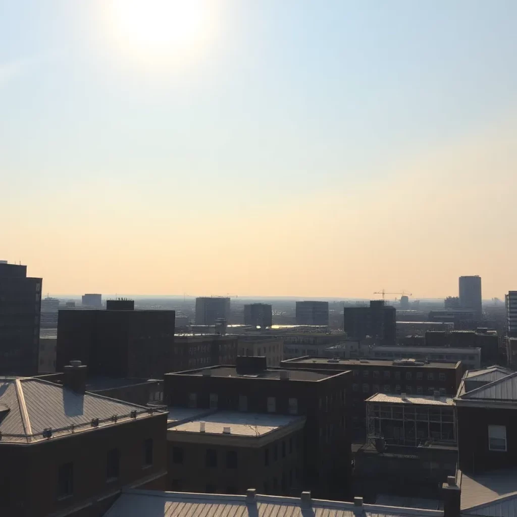 Boston skyline under warm sun with hazy sky from wildfire smoke