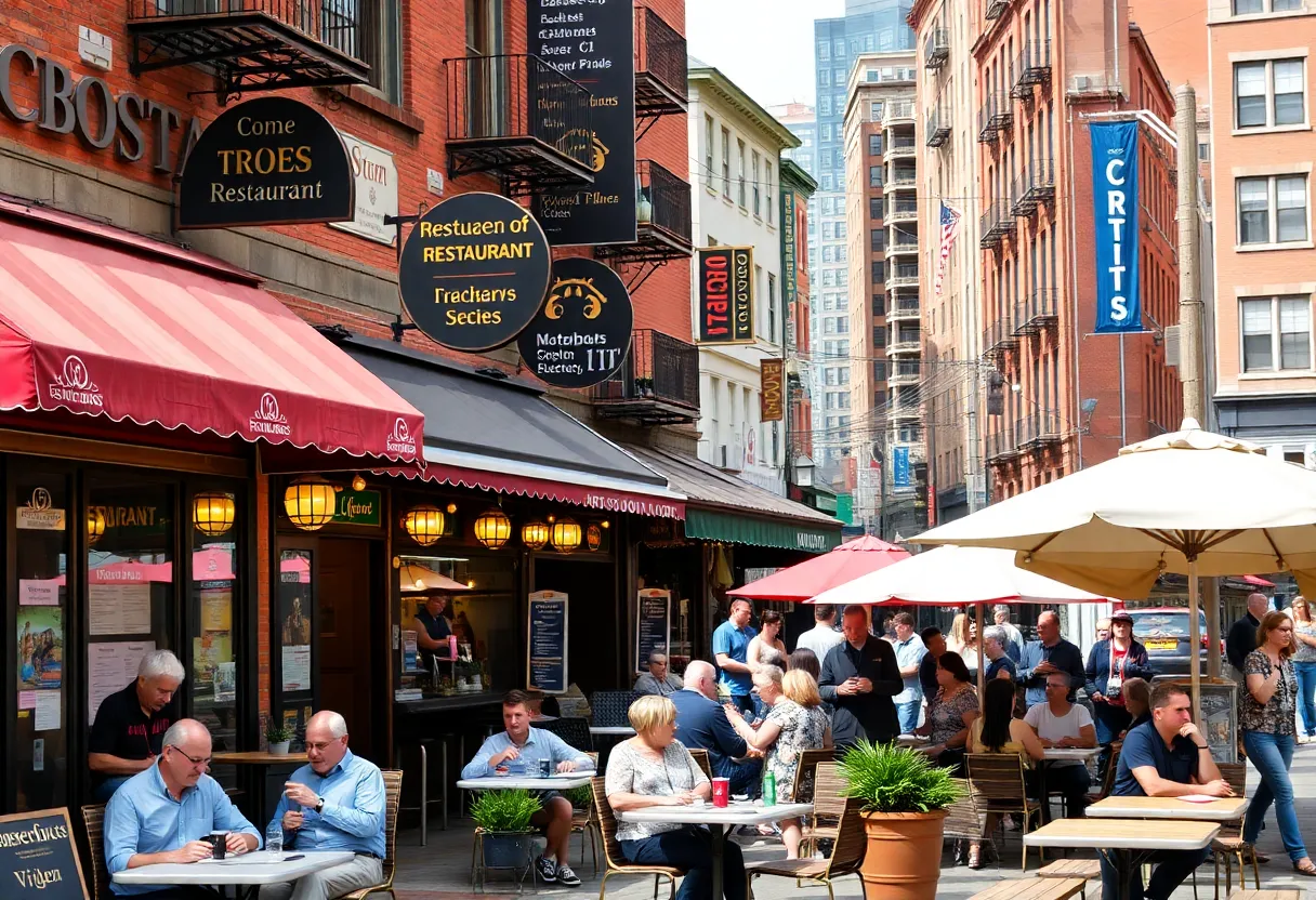 Dining scene in Boston with restaurant menus showing high prices