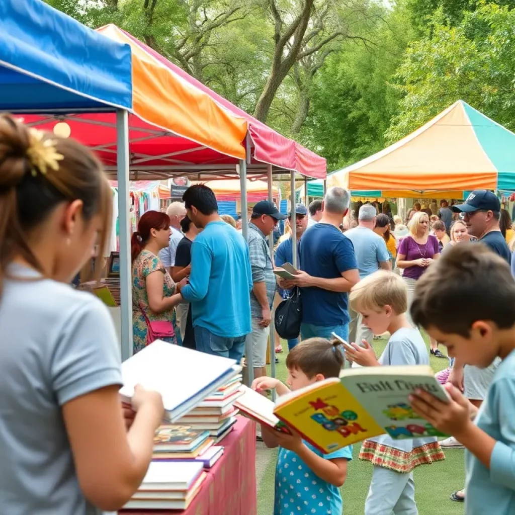 A lively scene of the Bow Market Book Fair with attendees enjoying literature and activities