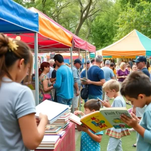 A lively scene of the Bow Market Book Fair with attendees enjoying literature and activities