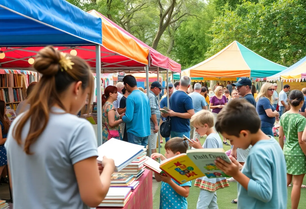 A lively scene of the Bow Market Book Fair with attendees enjoying literature and activities