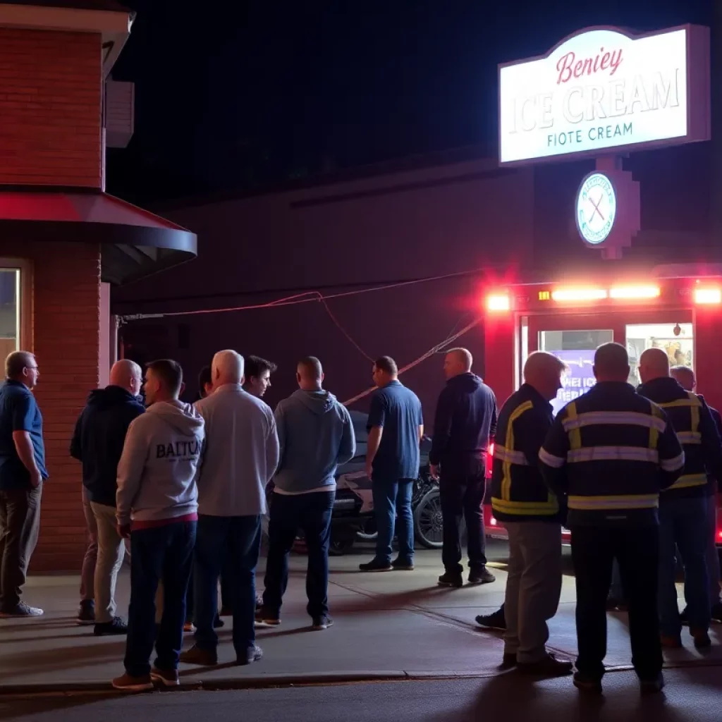 Scene of an assault outside an ice cream shop with emergency services present.