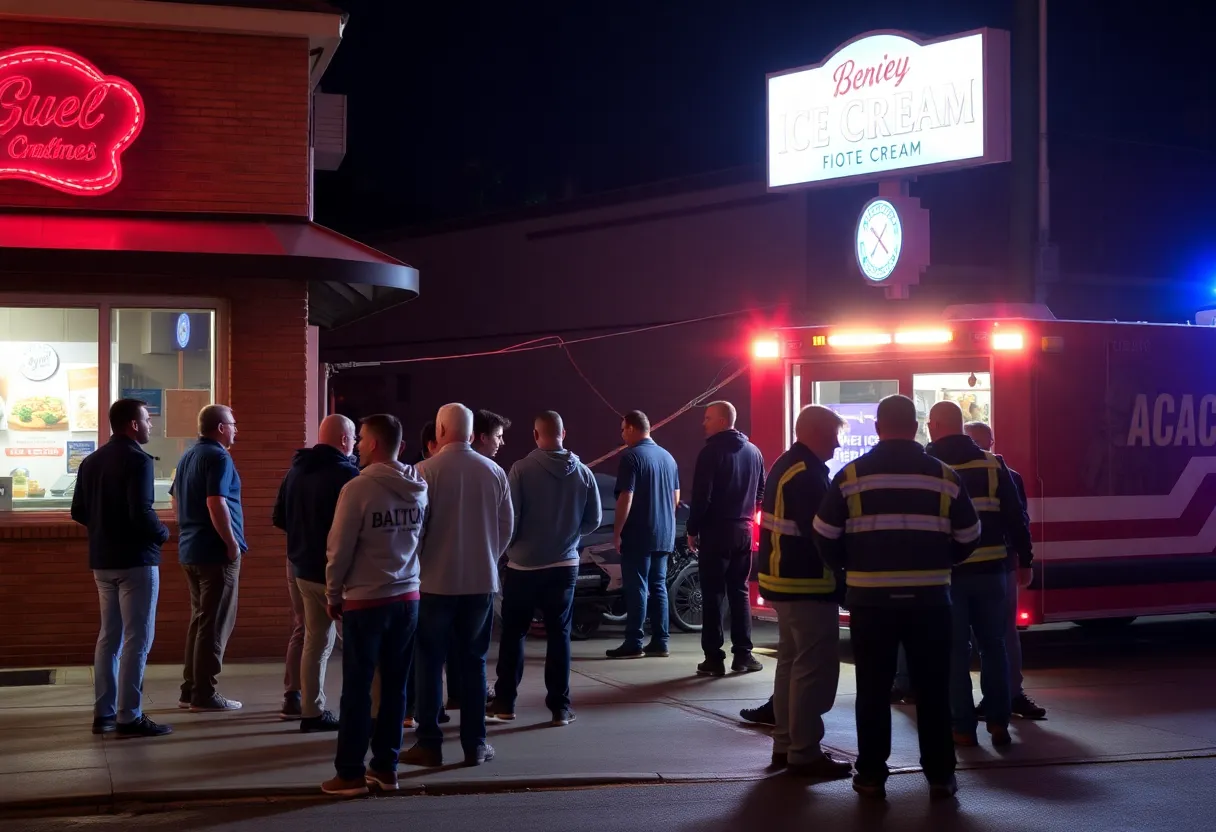 Scene of an assault outside an ice cream shop with emergency services present.